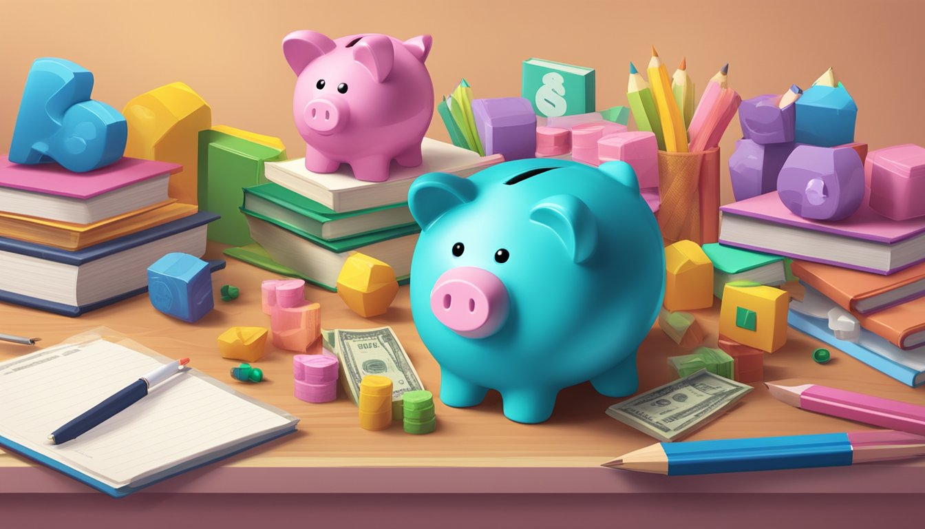 A piggy bank sits on a colorful desk, surrounded by toys and books. A sign above reads "Kids Savings Account Features and Extras."