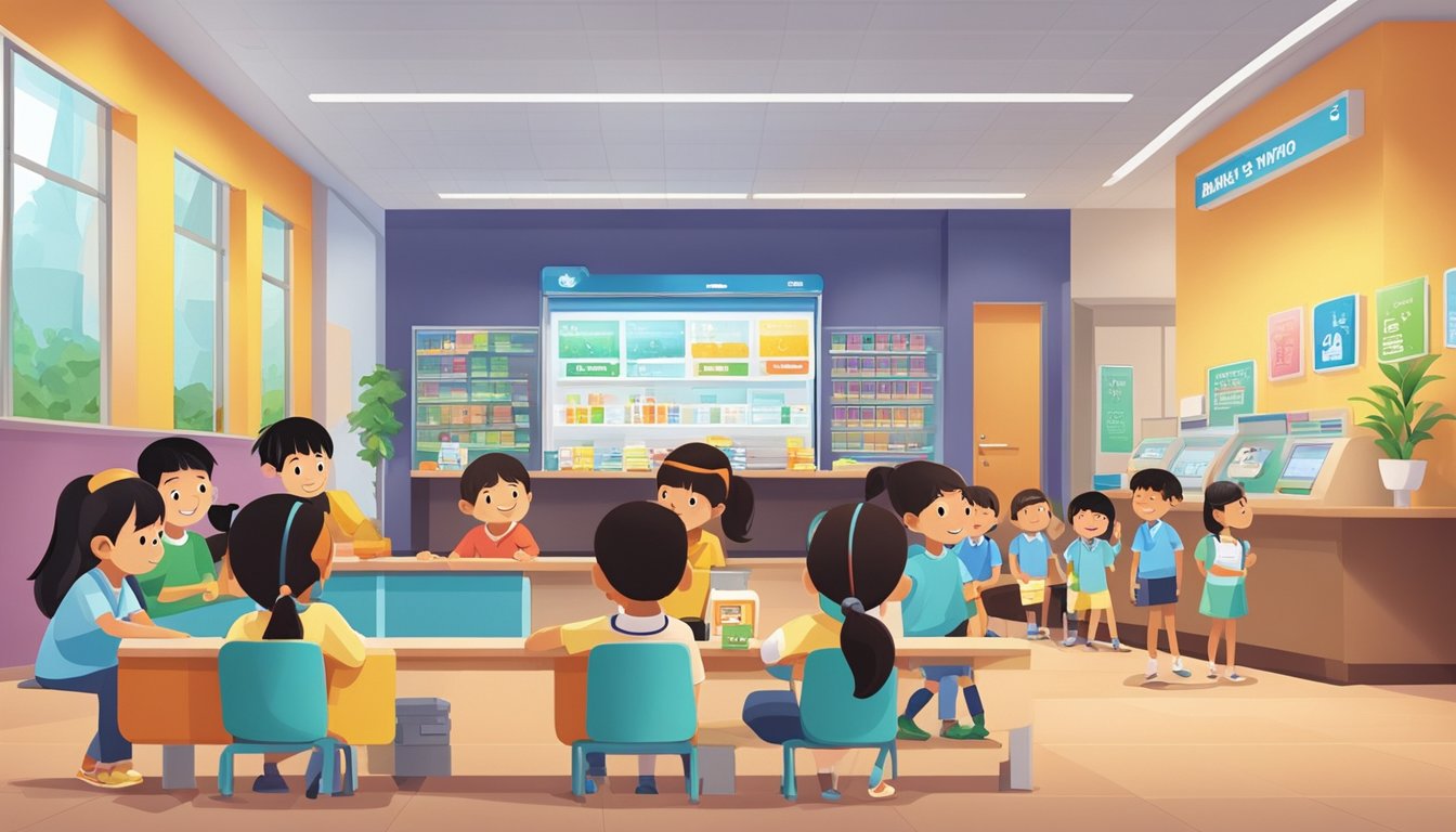 A group of children eagerly listen to a bank employee explaining the benefits of a kids savings account in Singapore. The colorful and inviting setting of the bank branch creates a warm and welcoming atmosphere for the young savers