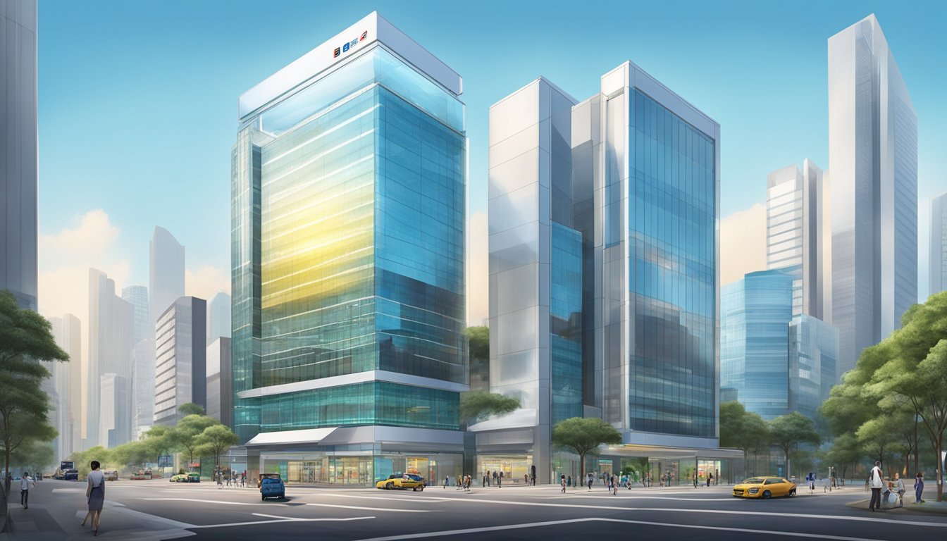 A modern Korean bank stands tall in the bustling streets of Singapore, its sleek glass exterior reflecting the vibrant cityscape
