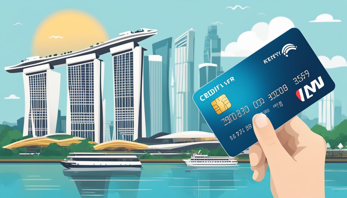 A hand holding a credit card with the KrisFlyer logo, against a backdrop of iconic Singapore landmarks like the Marina Bay Sands and the Singapore Flyer