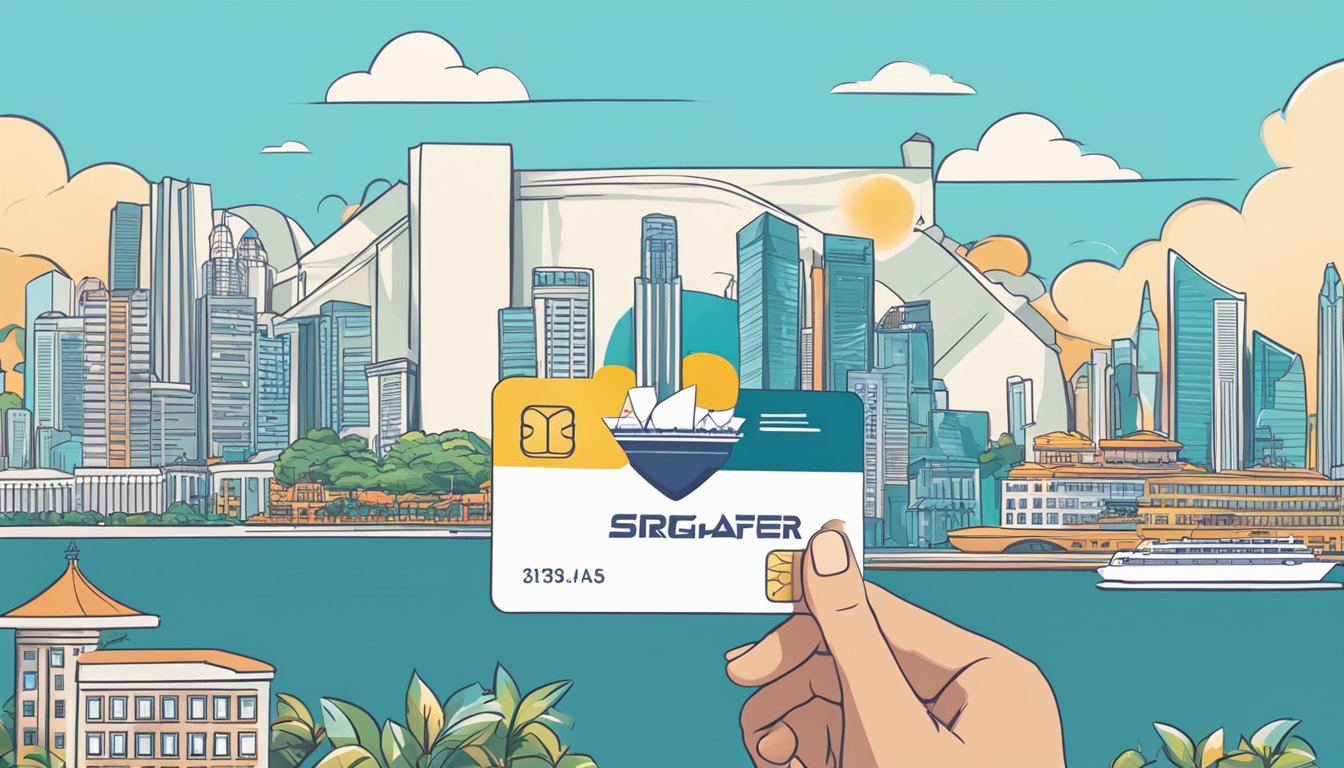 A hand holding a KrisFlyer Miles credit card with iconic Singapore landmarks in the background