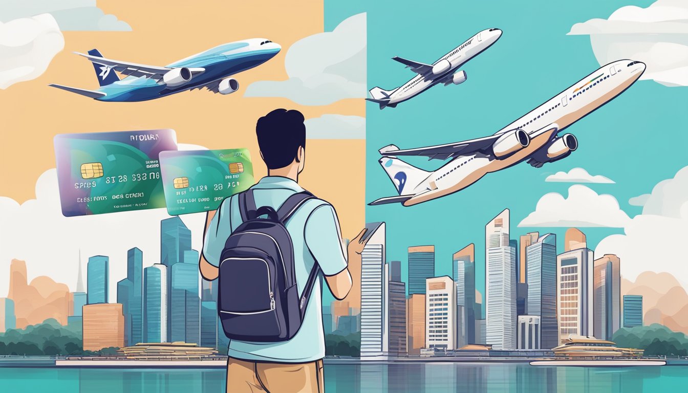 A person holding three different KrisFlyer credit cards, with the Singapore skyline in the background and a plane flying overhead