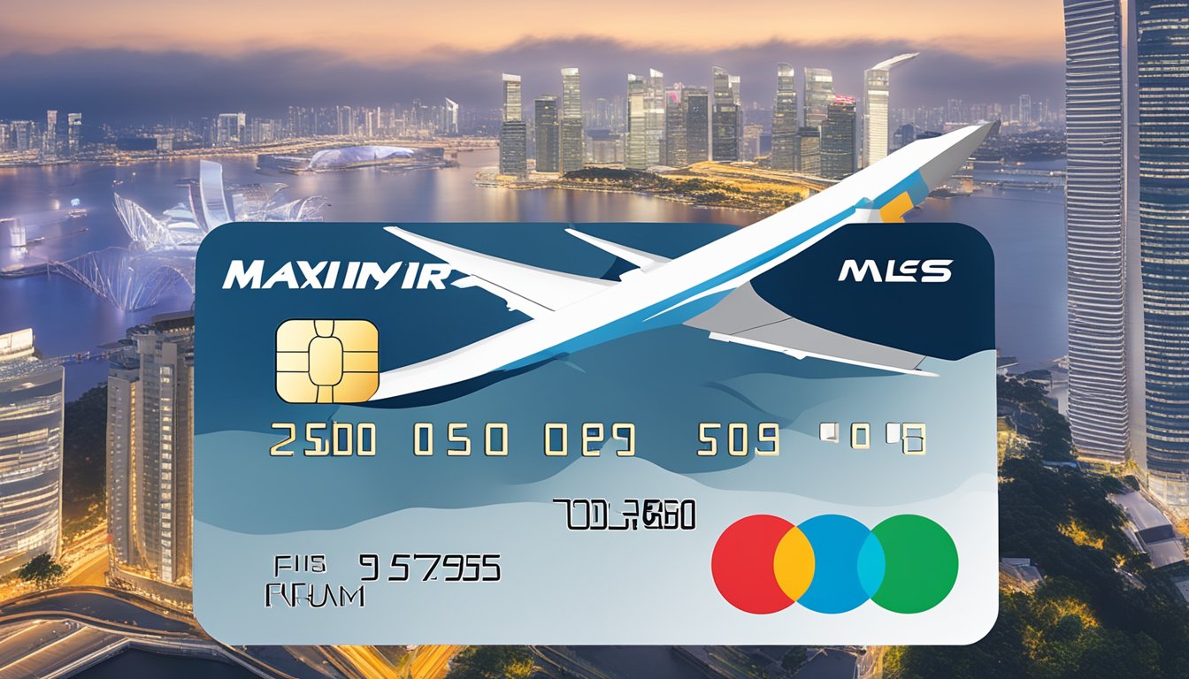A credit card with "Maximising Mileage Earnings" and "krisflyer miles" logo against a Singapore cityscape backdrop