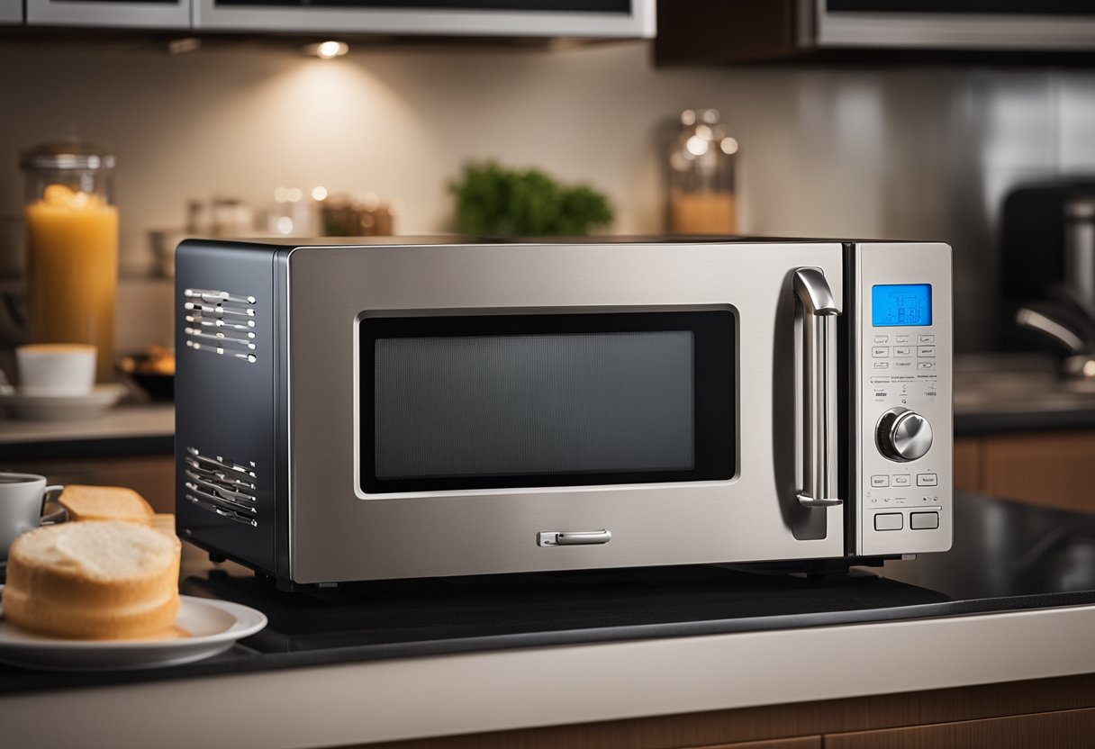 A microwave and oven sit side by side, with a toaster oven nearby. The microwave door is open, and the toaster oven is glowing with heat