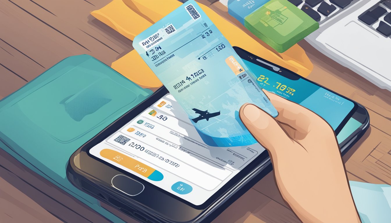 A traveler checks their KrisFlyer and Elite Miles balance on a smartphone app, with a plane ticket and passport nearby