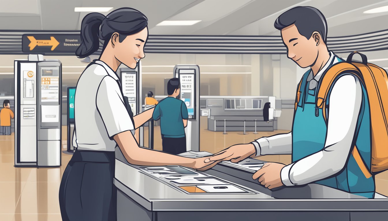 A person swiping a KrisFlyer card at a check-in counter, with a display showing miles earned