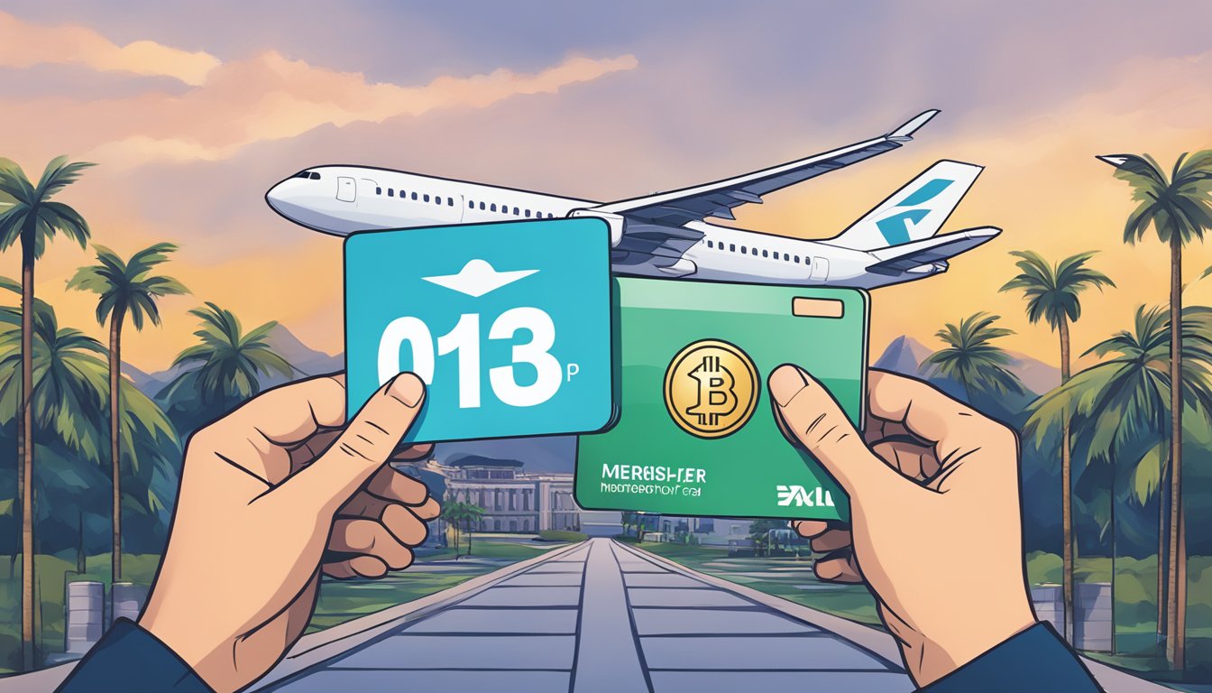 A person holding a krisflyer membership card with a plane flying above, while another person holds an elite miles card with a luxury hotel in the background