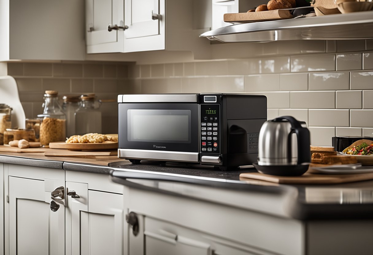 A kitchen counter with a microwave, toaster oven, and traditional oven, with labeled price tags and a scale for comparison
