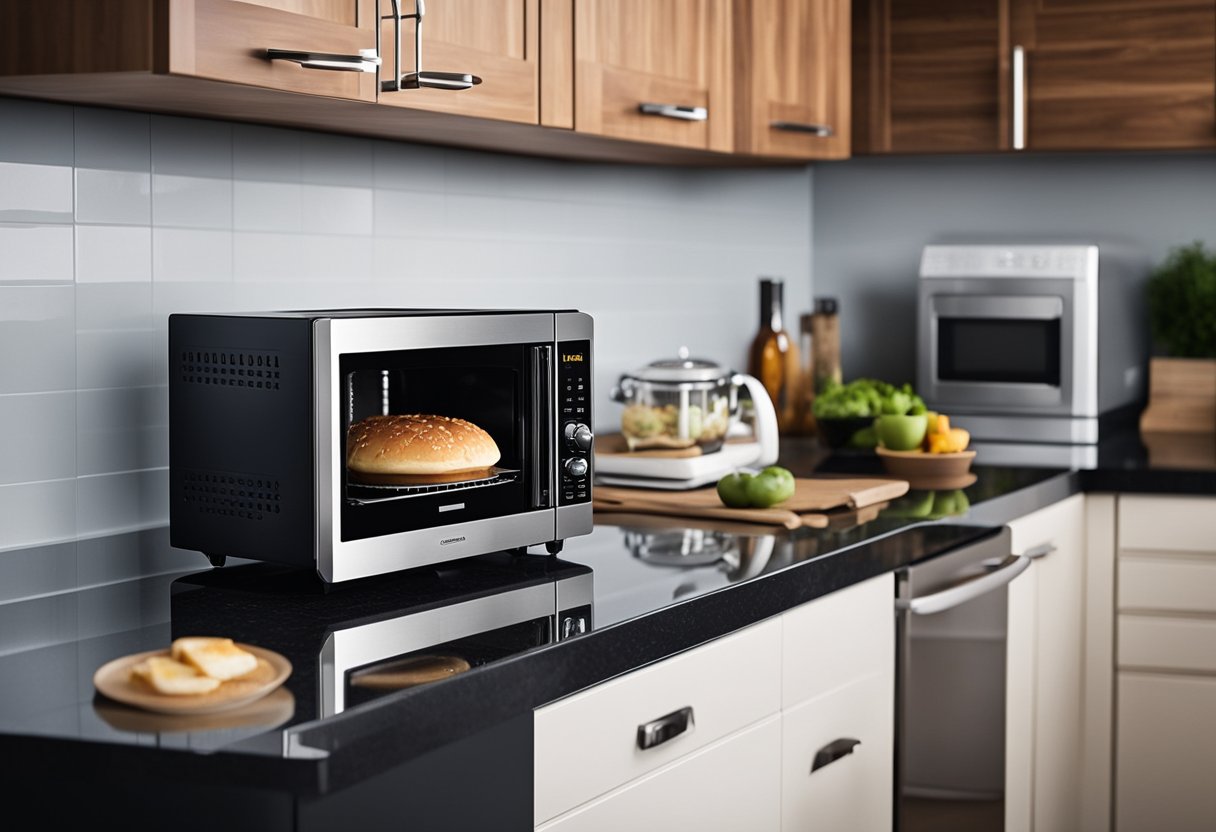 A person comparing different kitchen appliances: a microwave, oven, and toaster oven laid out on a countertop