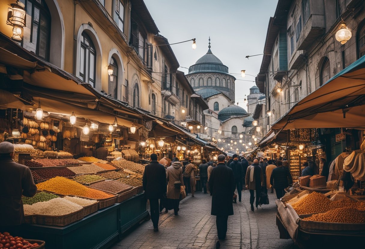 The Bazaars of Istanbul101: Discover Centuries-Old Market Captivating Traditions - Busy Istanbul bazaar with colorful stalls, bustling crowds, and ancient architecture. A mix of traditional and modern goods on display. Rich history and vibrant energy