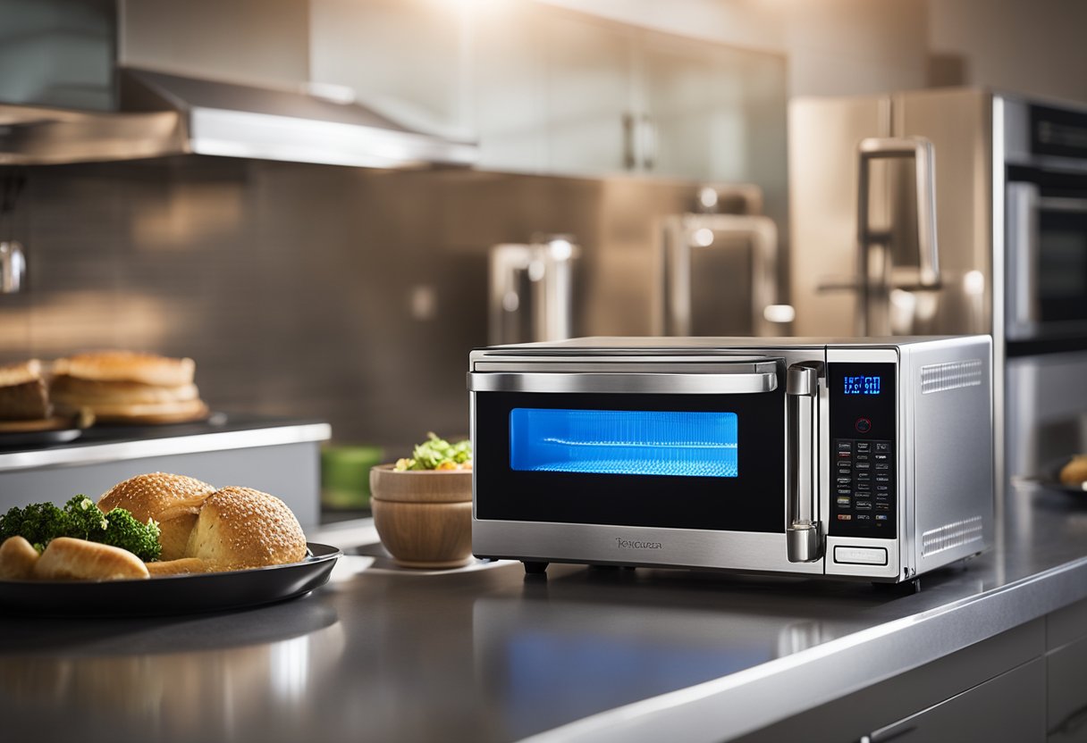 A microwave, oven, and toaster oven sit side by side, each with a glowing digital display. A steaming plate of food sits in front of them, ready to be heated