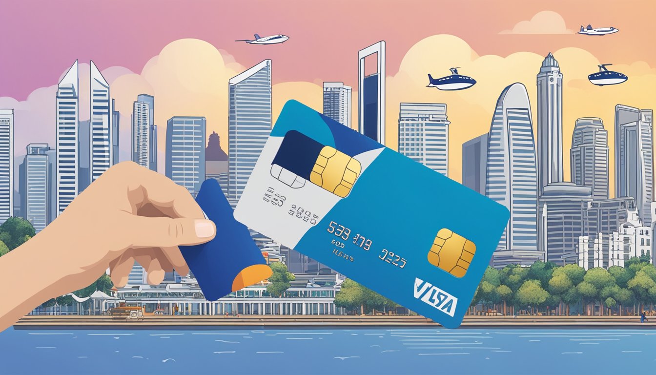 A hand holding a KrisFlyer UOB credit card against a backdrop of iconic Singapore landmarks