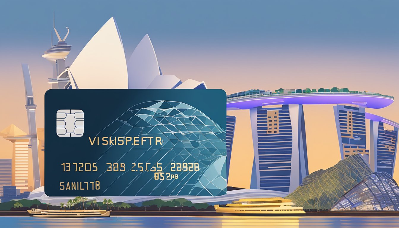 A sleek, modern credit card with the KrisFlyer and UOB logos prominently displayed, against a backdrop of iconic Singapore landmarks