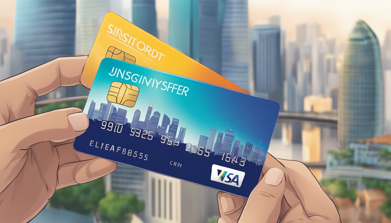 A hand holding a KrisFlyer UOB credit card with a Singapore skyline in the background, showcasing the rewards system