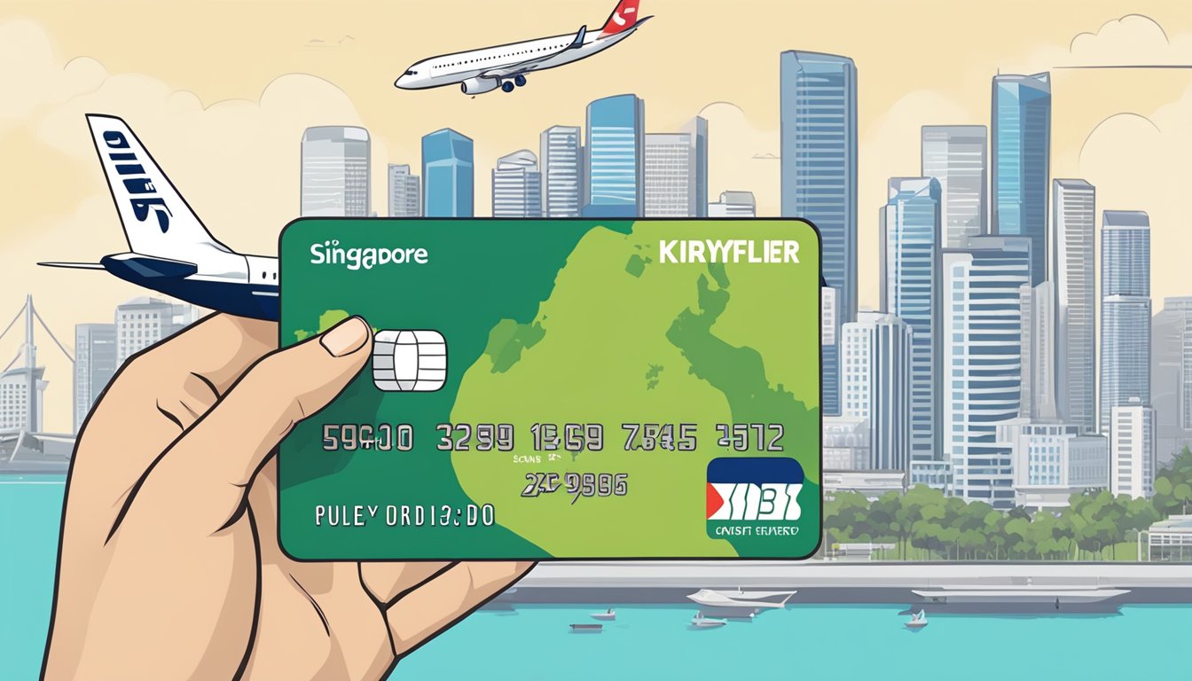 A hand holding a KrisFlyer UOB credit card, with a plane flying in the background and a map of Singapore displayed on a screen