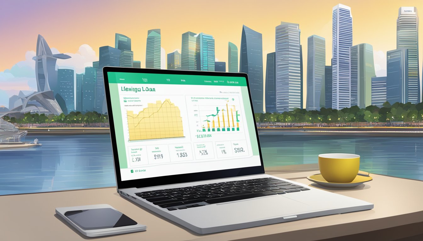 A computer screen displaying Lending Bee's loan calculator with the Singapore skyline in the background