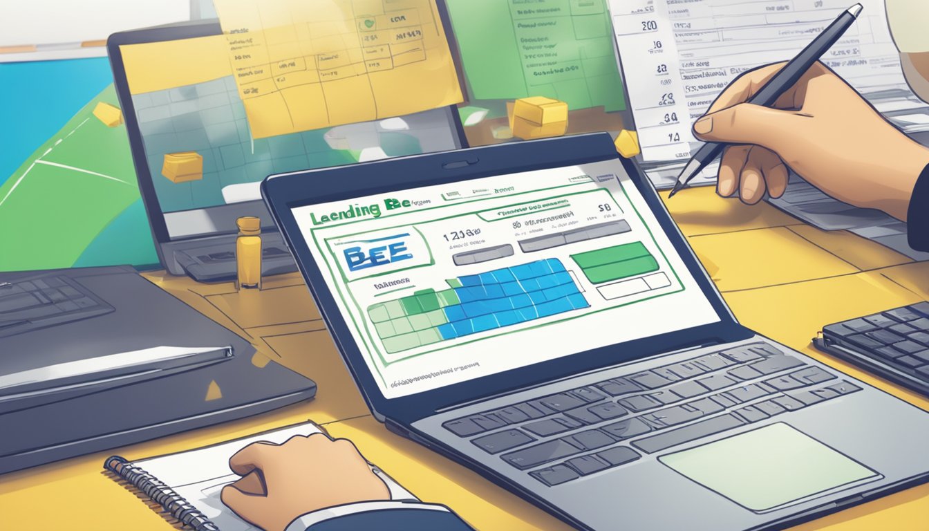 A calculator and a laptop sit on a desk with a "Lending Bee" logo in the background, as a person fills out an eligibility and application form
