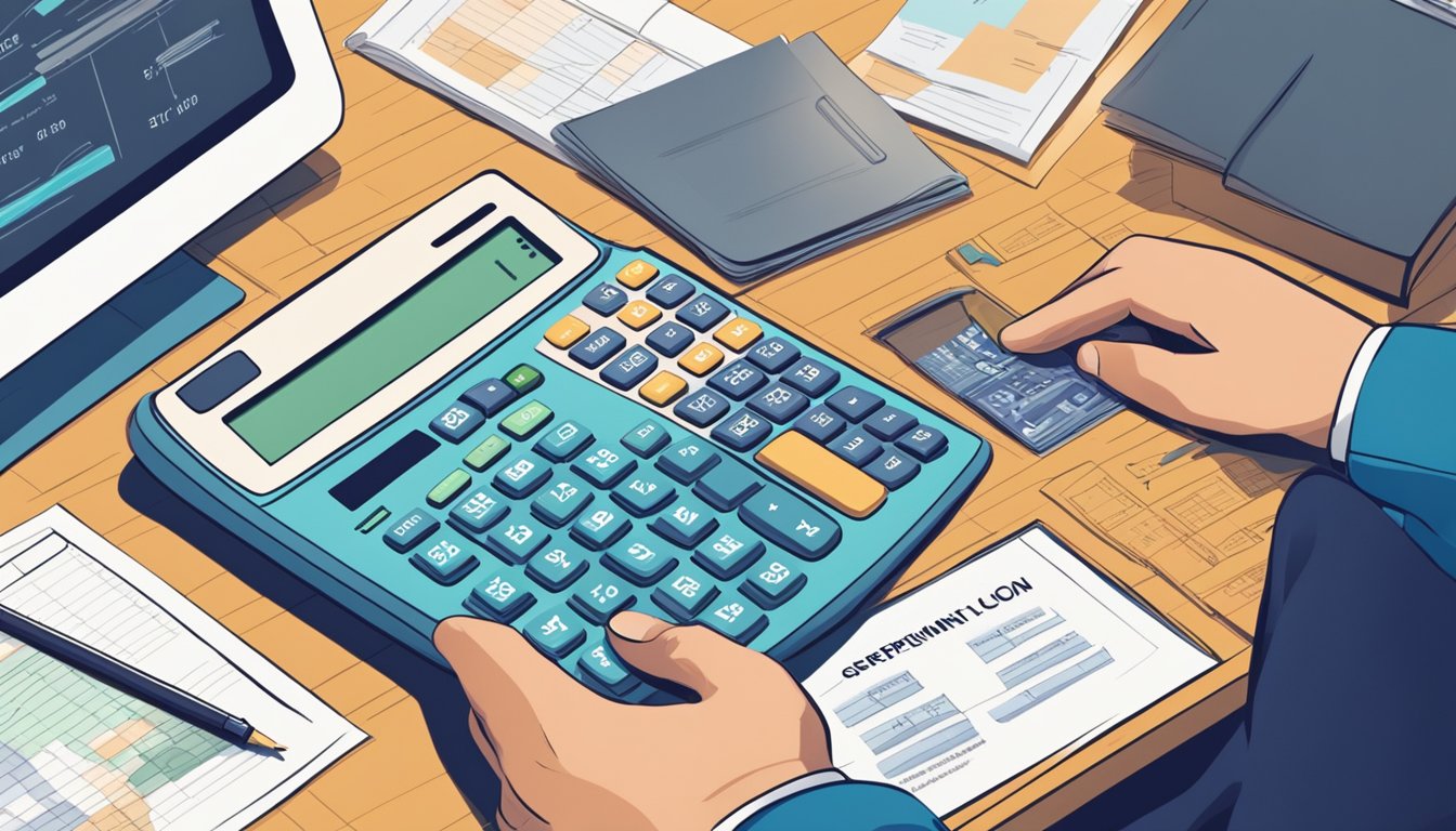 A calculator sits on a desk, surrounded by financial documents and charts. A hand reaches for the calculator, with a loan repayment schedule displayed on the screen