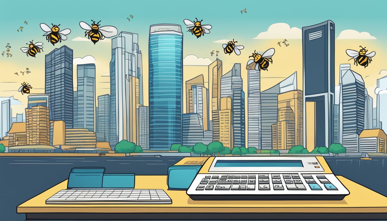A bee calculator sits on a desk with a backdrop of a bustling Singapore cityscape. The calculator is surrounded by buzzing bees and a stack of frequently asked questions