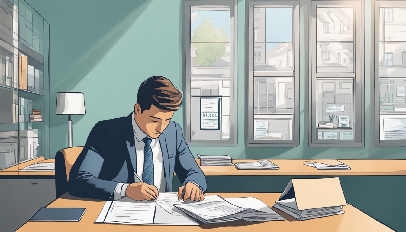 A person sits at a desk, carefully reviewing documents. A sign on the wall reads "Choosing the Right Licensed Lender." The room is filled with natural light, creating a sense of professionalism and trust