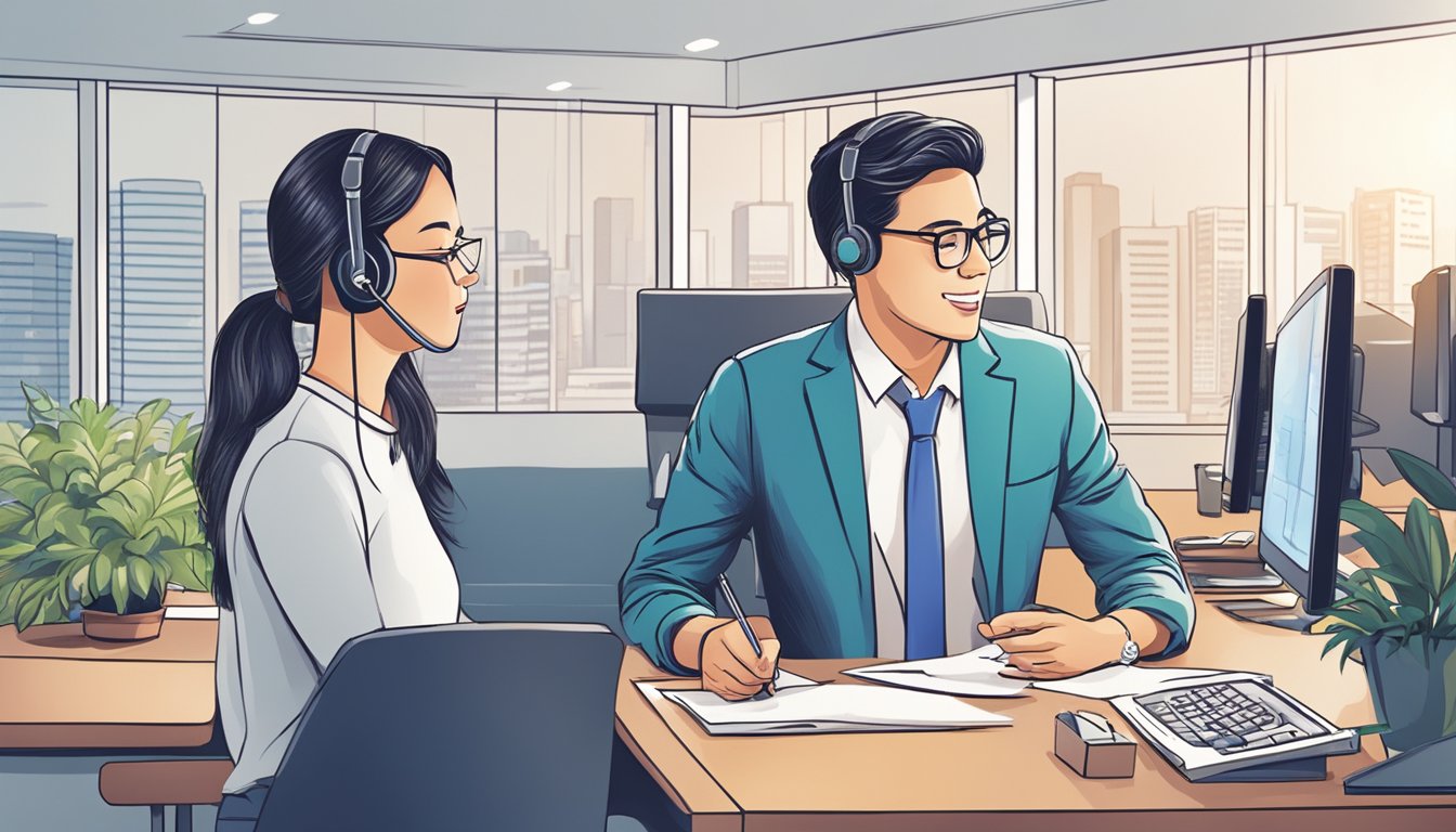 A customer service representative assists a client with frequently asked questions at a licensed lender office in Singapore