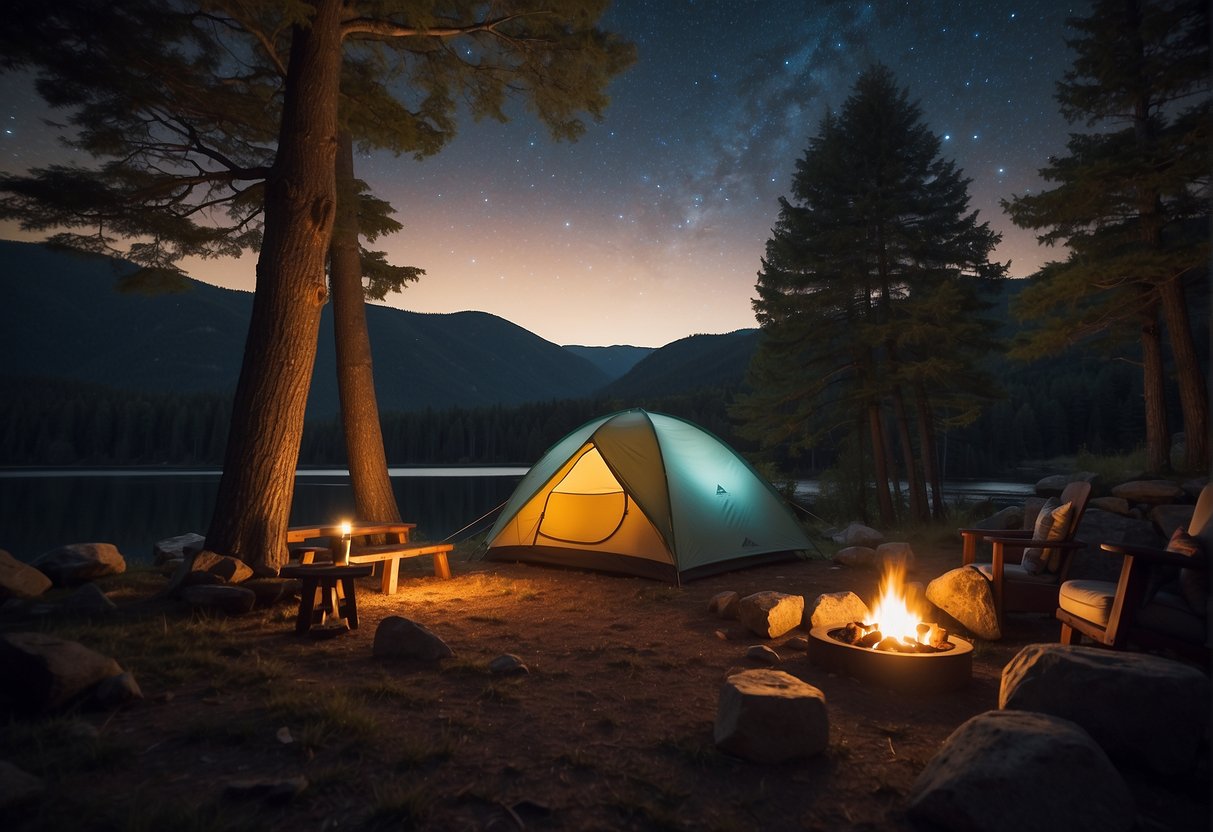 A cozy EARTHVENTURE tent for 1-2 people set up in a serene, wooded campsite with a glowing campfire and a starry night sky above