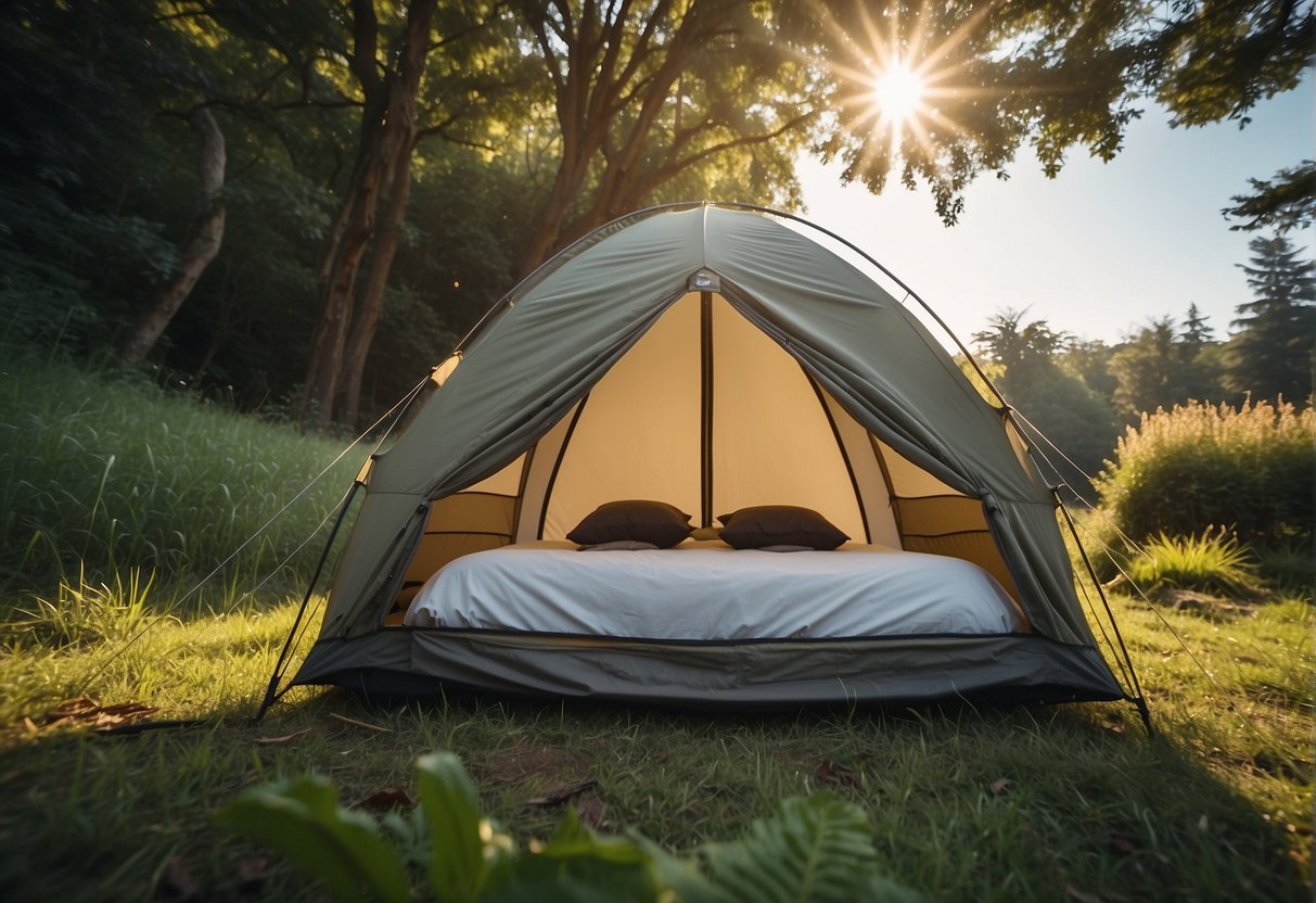 A cozy EARTHVENTURE tent set up in a peaceful outdoor setting, with lush greenery and a clear blue sky, providing comfort and protection for 1 to 2 people