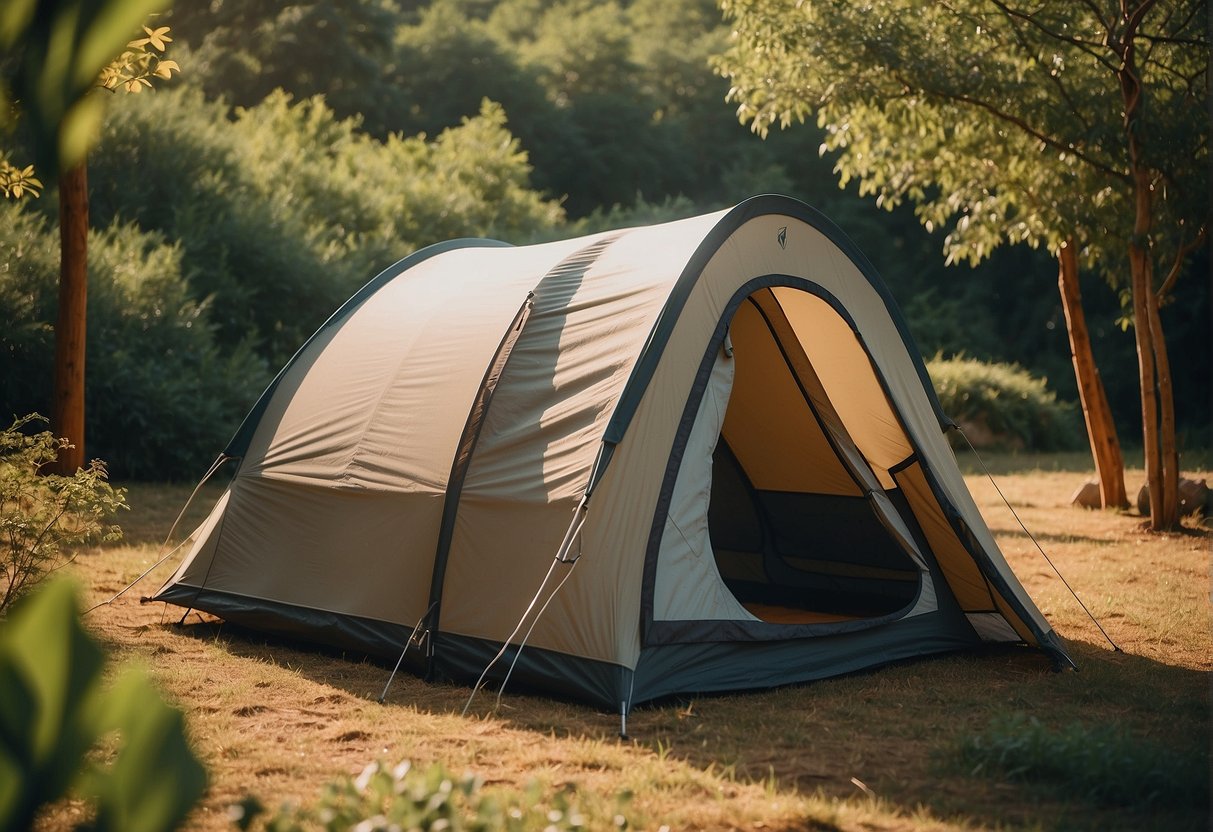 A cozy Earthventure tent, designed for 1 to 2 people, sits nestled in a picturesque outdoor setting, surrounded by lush greenery and under a clear blue sky
