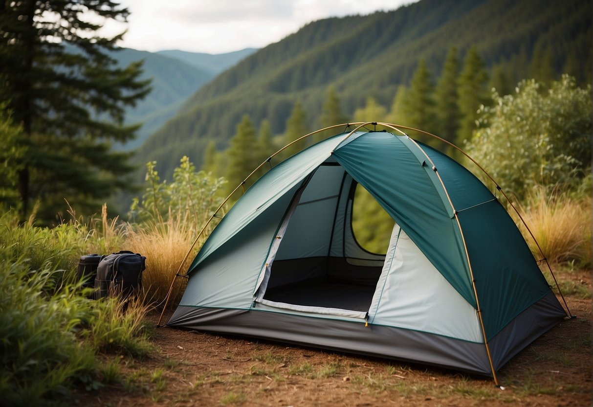 A compact Earthventure tent is set up in a peaceful, scenic outdoor location, with a clear view of the surrounding natural landscape