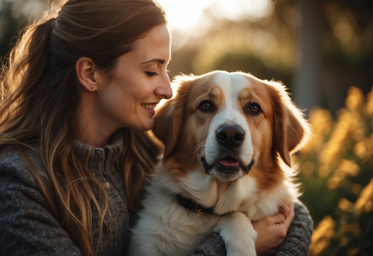 A woman lovingly embraces her dog in a warm, intimate moment