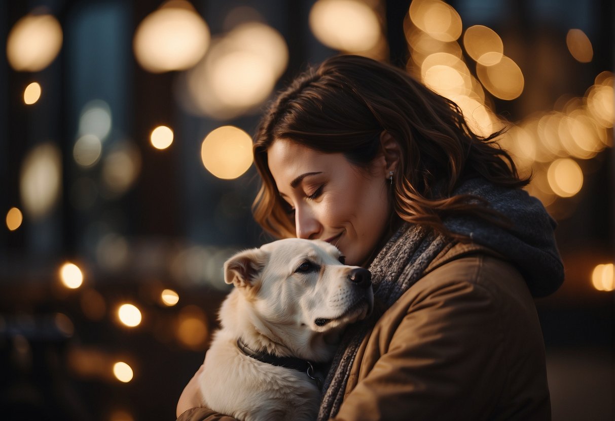 A woman lovingly embraces her dog, surrounded by a warm, cozy atmosphere