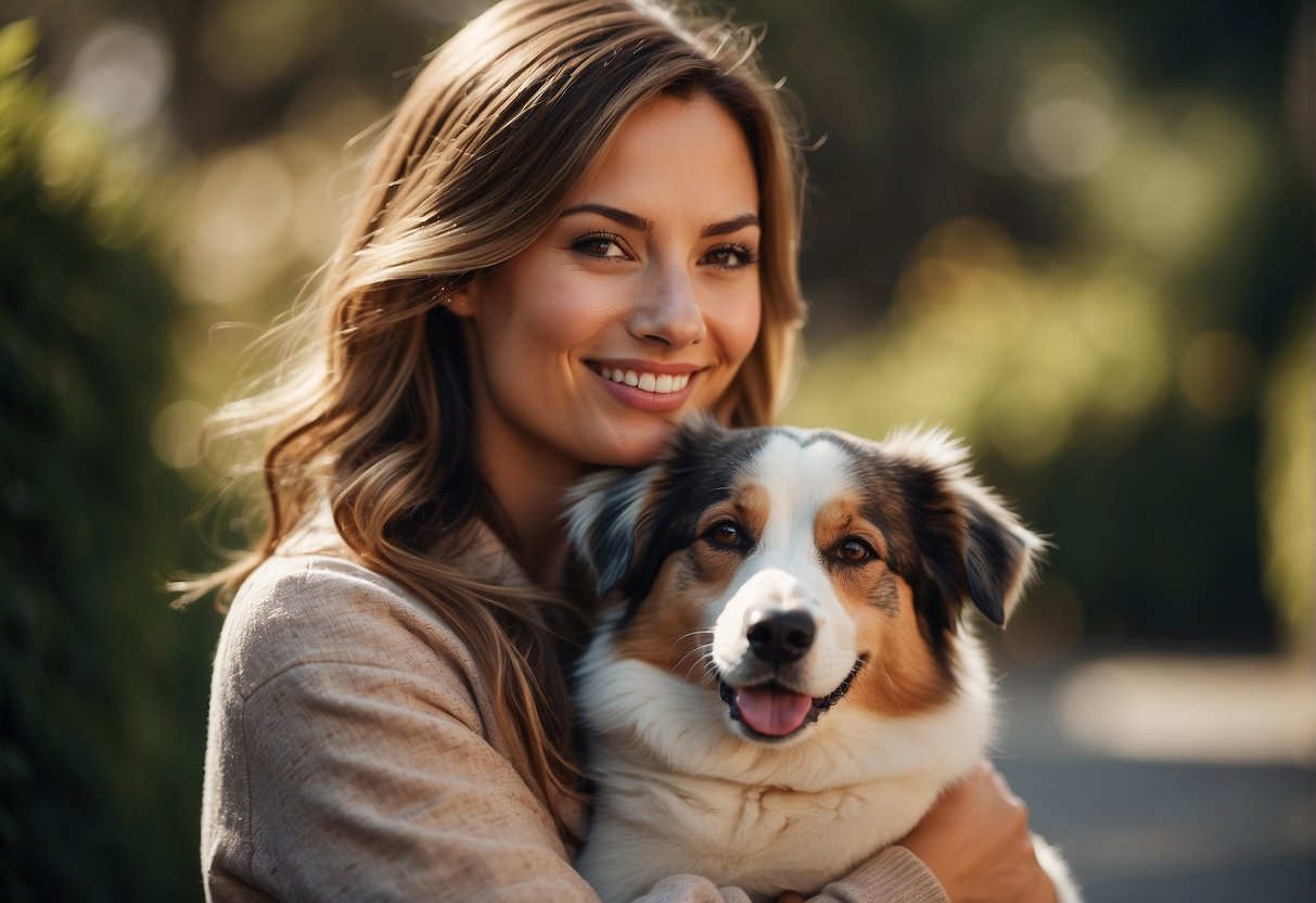 A woman lovingly embraces her dog, showing affection and care