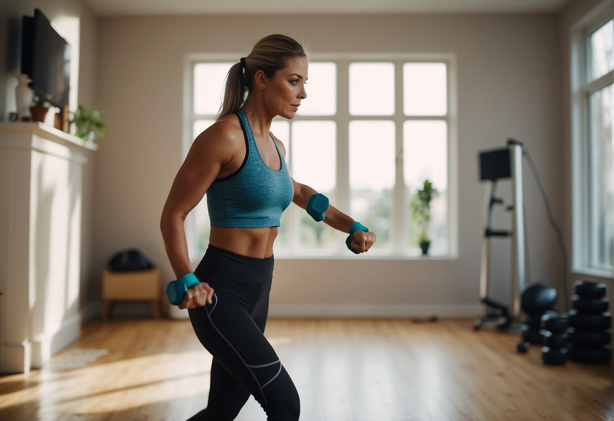 A woman is doing high-intensity interval training in her living room, with a jump rope and dumbbells nearby. The room is filled with natural light and motivational posters