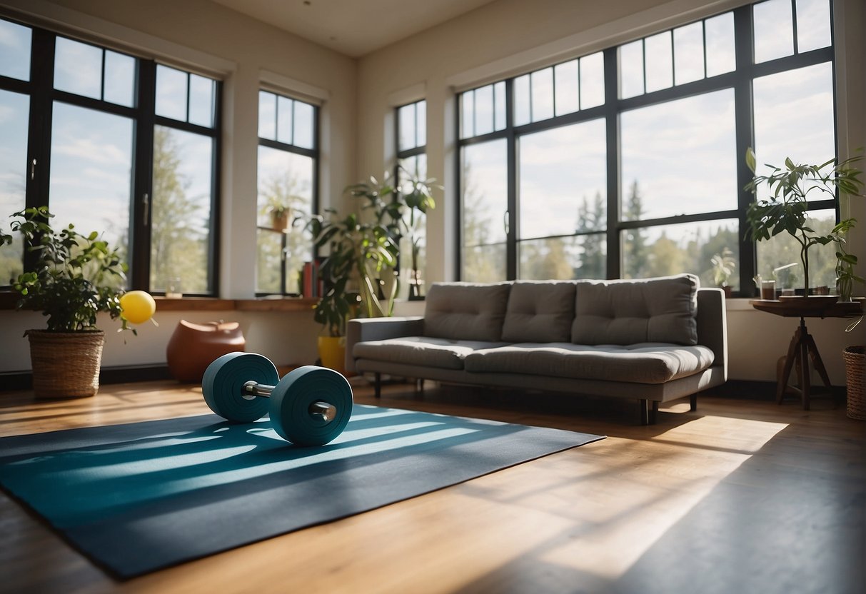 A cozy living room with a yoga mat, resistance bands, and dumbbells scattered on the floor, next to a large window with natural light streaming in