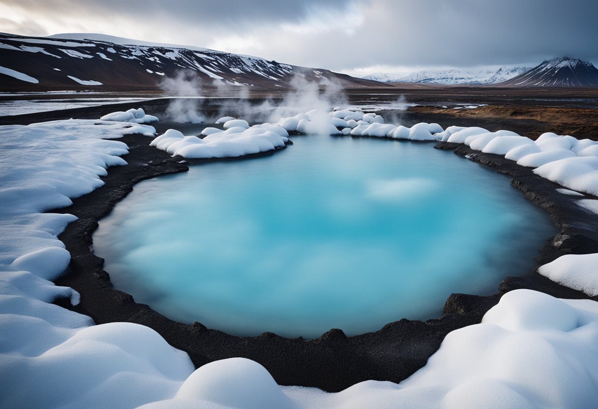Steam rises from the vibrant blue waters of Iceland's hot springs, surrounded by rugged, volcanic terrain and snow-capped peaks. The geothermal pools are nestled in the dramatic landscape, creating a striking contrast between the natural elements