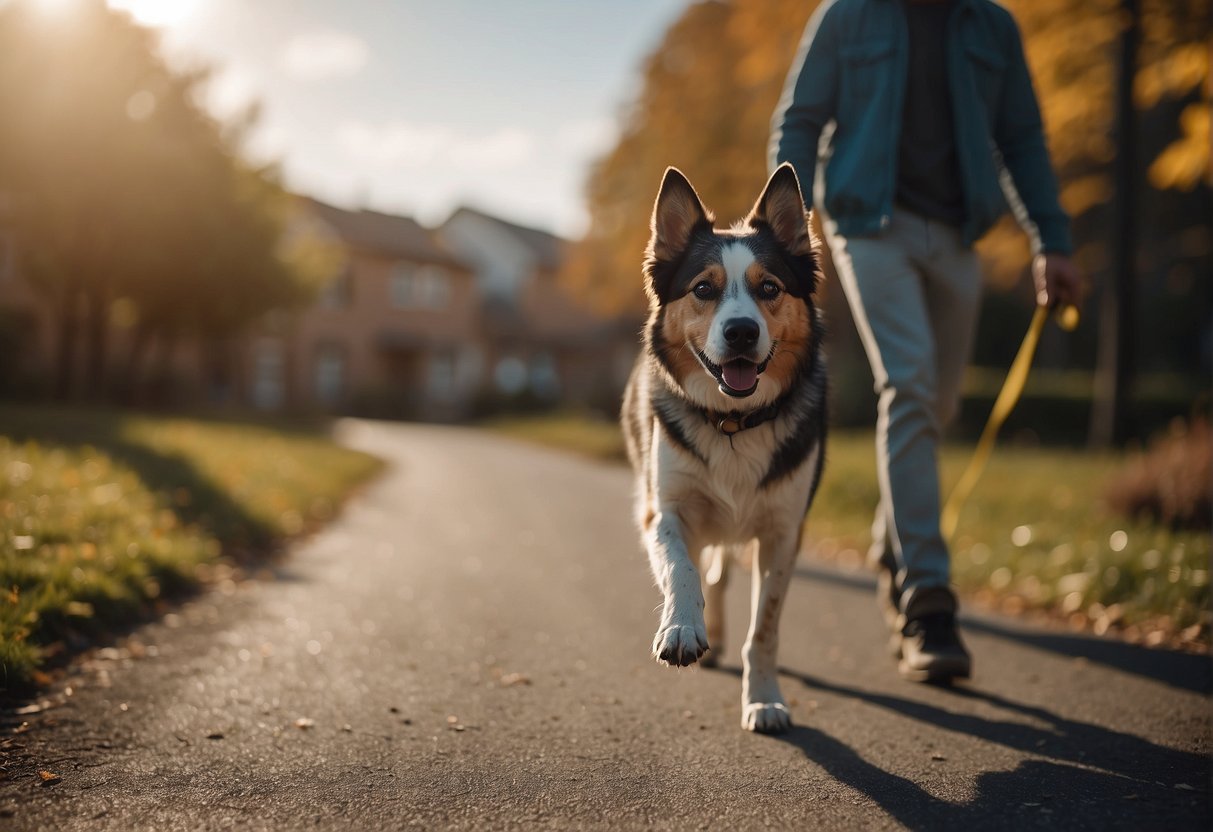 A dog eagerly follows its owner around, tail wagging and eyes focused. The dog's body language exudes loyalty and affection
