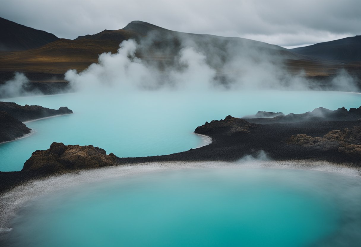 Steam rises from the turquoise waters of the Icelandic hot springs, surrounded by rugged, volcanic landscapes. The soothing heat and mineral-rich waters create a serene atmosphere of relaxation and wellness