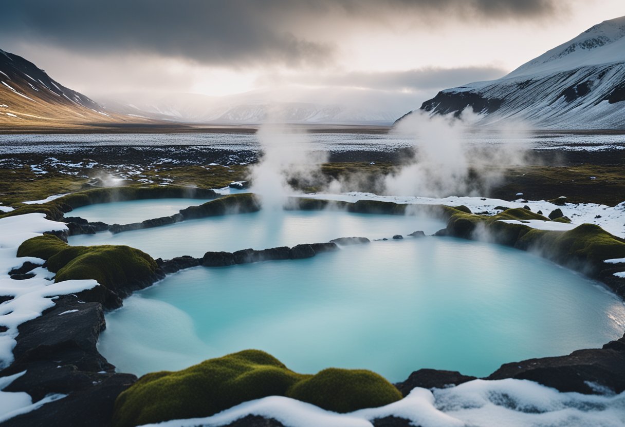 Steam rises from bubbling hot springs in a rugged Icelandic landscape, surrounded by snow-capped mountains and moss-covered rocks. The contrast of icy surroundings and geothermal activity creates a visually striking scene