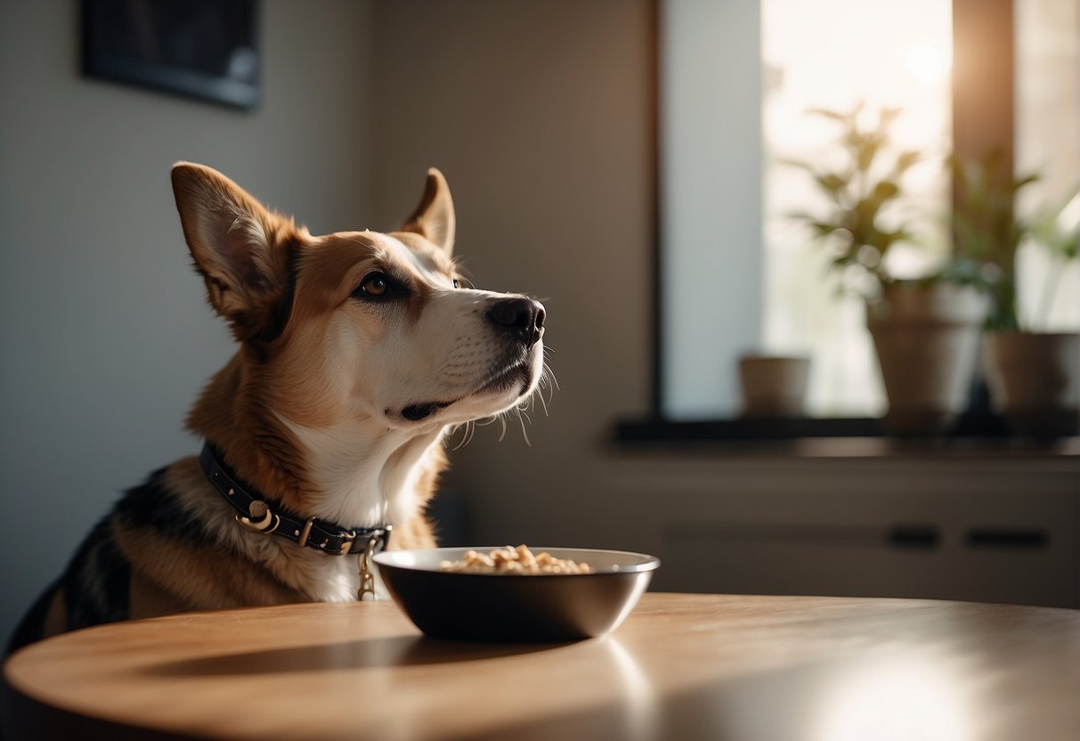 A grieving dog sits by an empty food bowl, staring at a leash and collar. The room is quiet, with soft light filtering in through the window