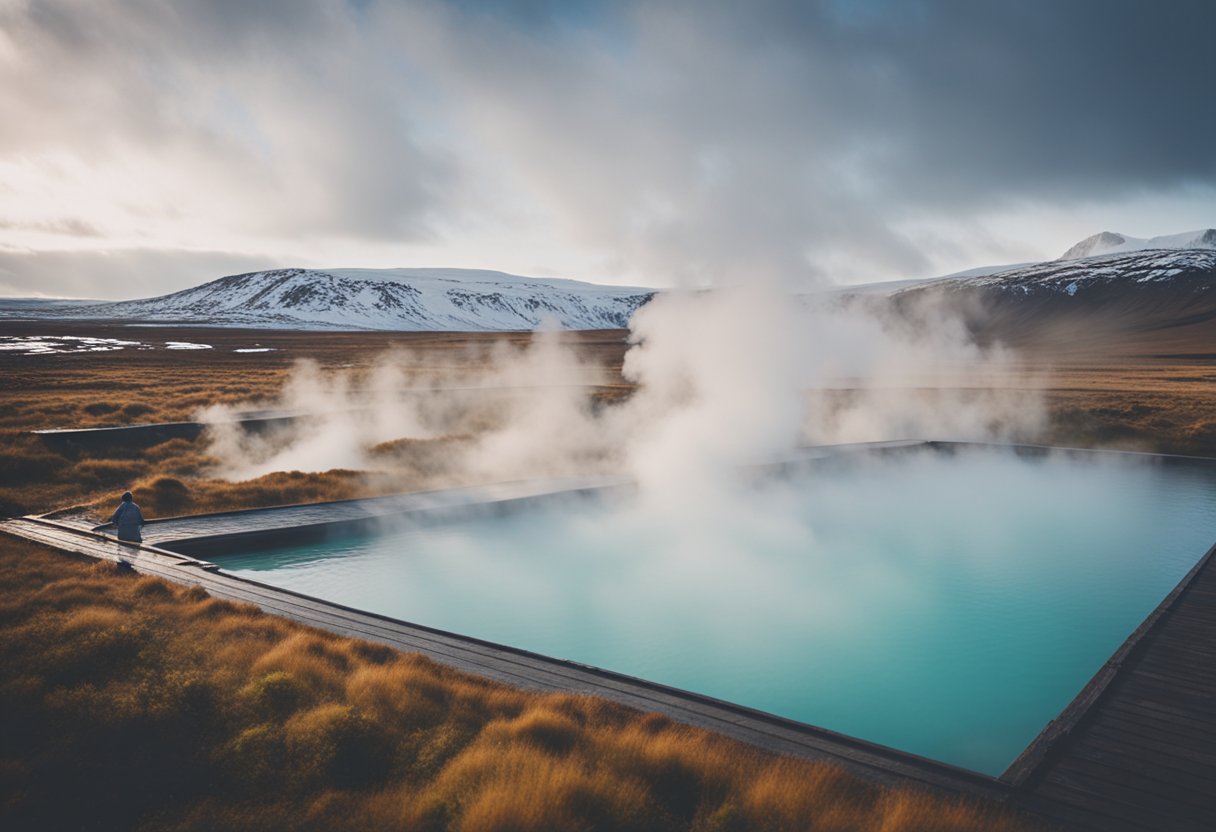 Steam rises from the geothermal pools, surrounded by rugged Icelandic landscape. Visitors walk along wooden boardwalks, enjoying the natural beauty and therapeutic benefits of the hot springs