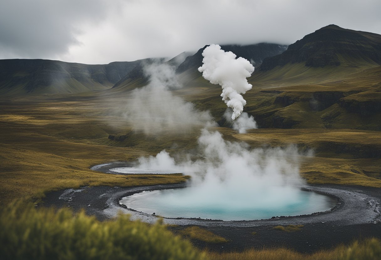 Steam rises from the geothermal pools nestled in the rugged Icelandic landscape, surrounded by lush greenery and snow-capped mountains, creating a serene and inviting atmosphere