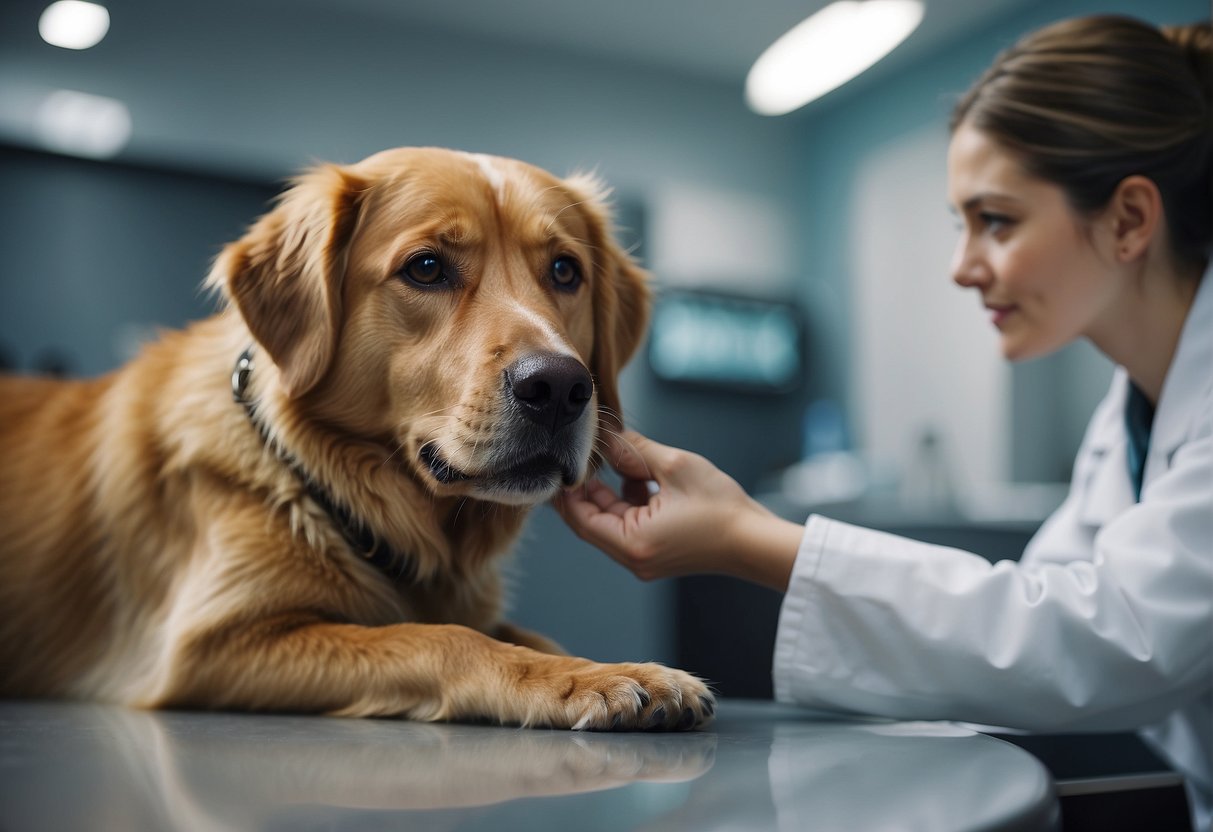 A dog receiving anti-inflammatory medication from a veterinarian