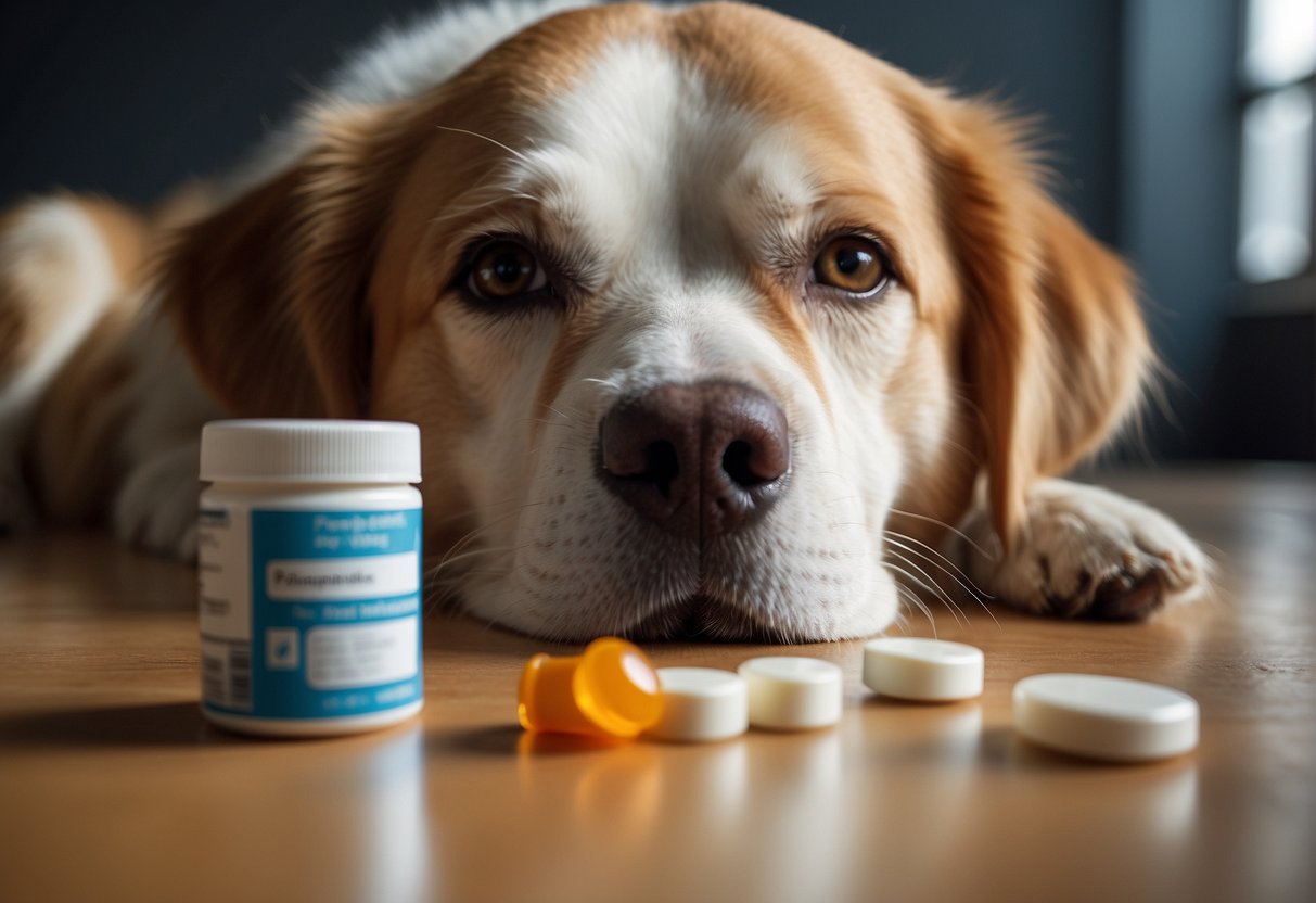 A dog looking distressed beside spilled human anti-inflammatory medication