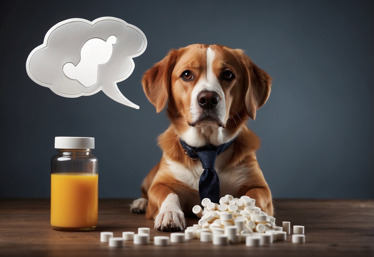 A dog with a puzzled expression sits next to a bottle of anti-inflammatory medication, while a thought bubble with question marks hovers above its head