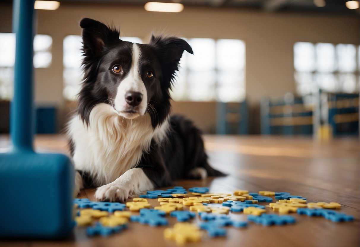 A border collie solving puzzles and following commands in a dog training center