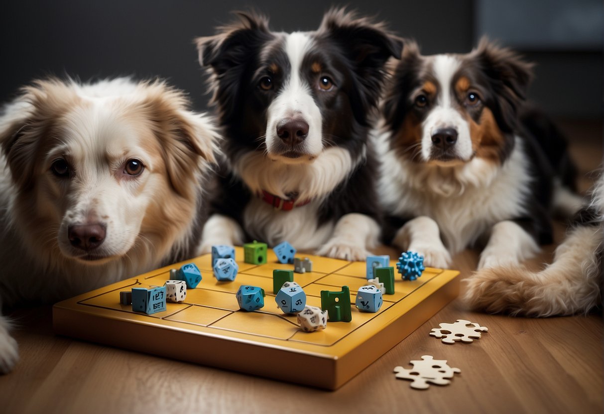A group of intelligent dog breeds, such as Border Collies and Poodles, sit attentively while a puzzle toy is presented to them, showcasing their problem-solving skills