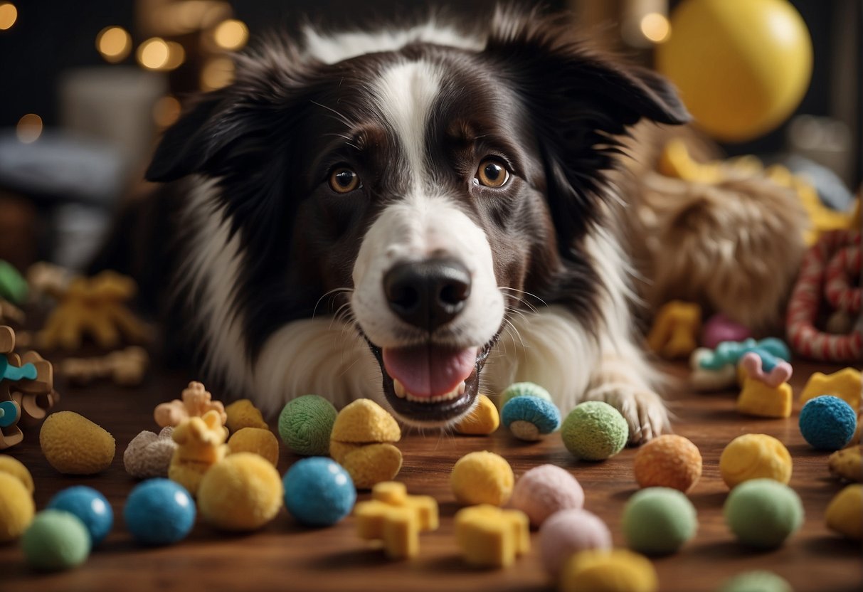 A border collie solving a complex puzzle, surrounded by various dog toys and treats