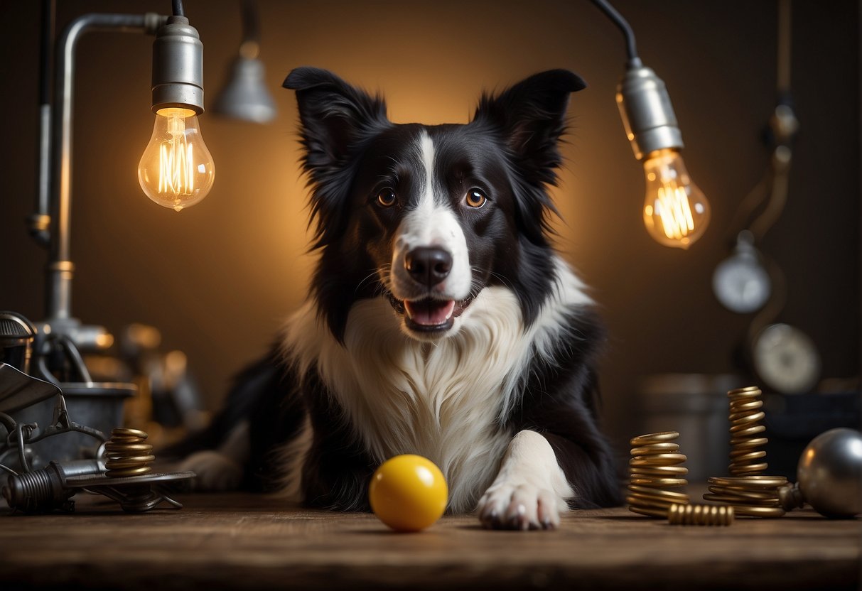 A border collie sits attentively, surrounded by various objects. A light bulb hovers above its head, indicating intelligence