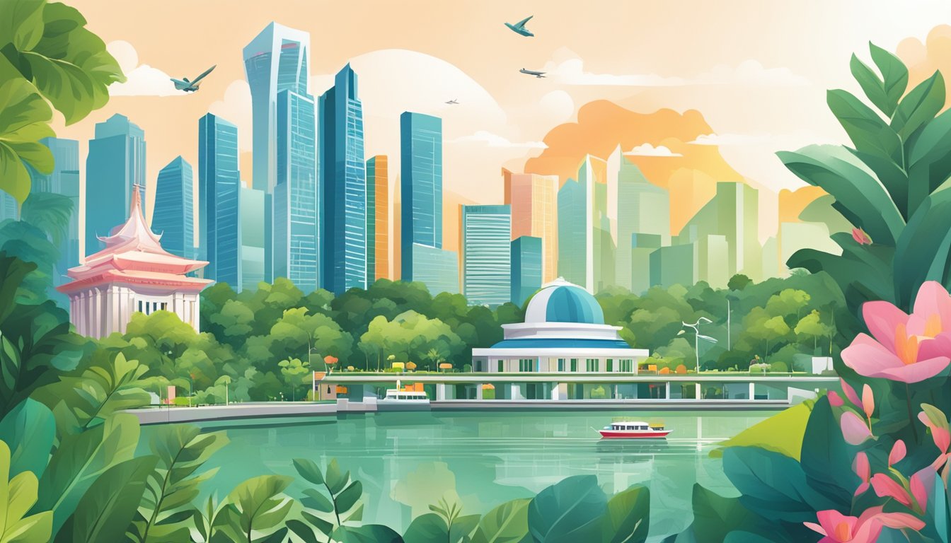 A vibrant cityscape with iconic Singapore landmarks, surrounded by lush greenery and modern architecture, showcasing the convenience and perks of the Live Fresh card