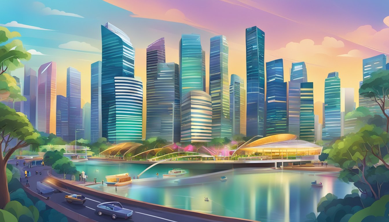 A vibrant Singaporean cityscape with a prominent "Eligibility and Application" sign, showcasing the benefits of the fresh card in a lively setting